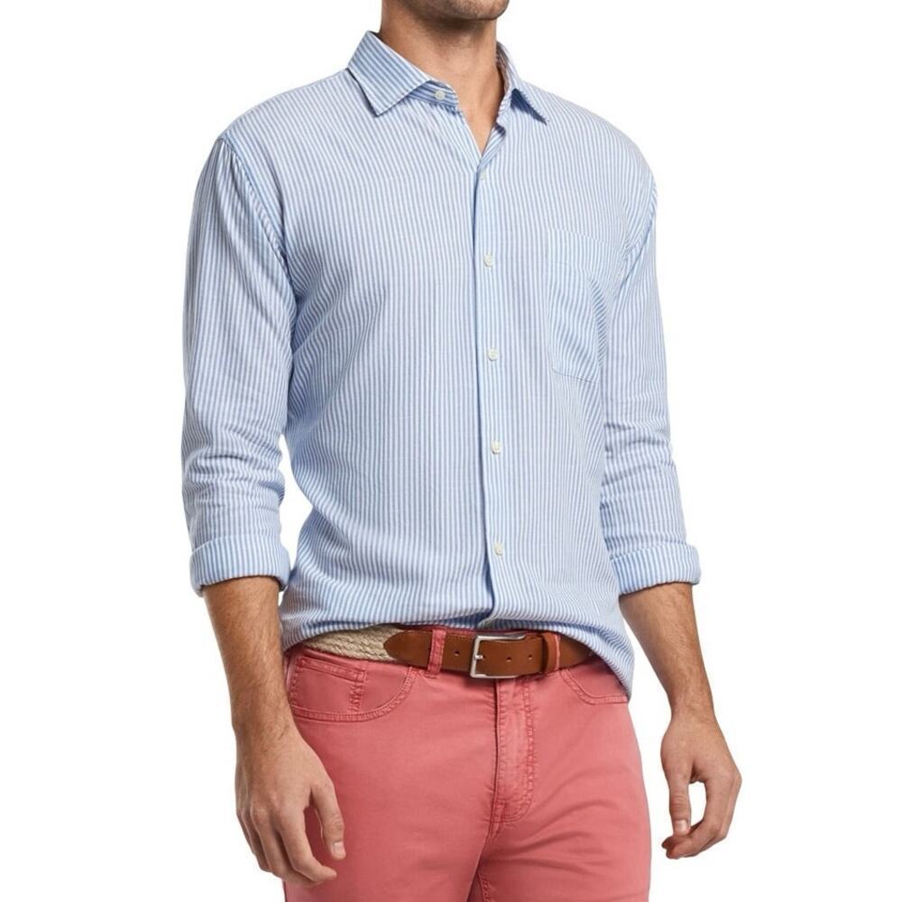 Peter Millar Men’s Seaside Sandbar Coastal Striped Shirt Blue/White Size XXL
